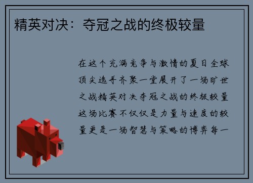 精英对决：夺冠之战的终极较量